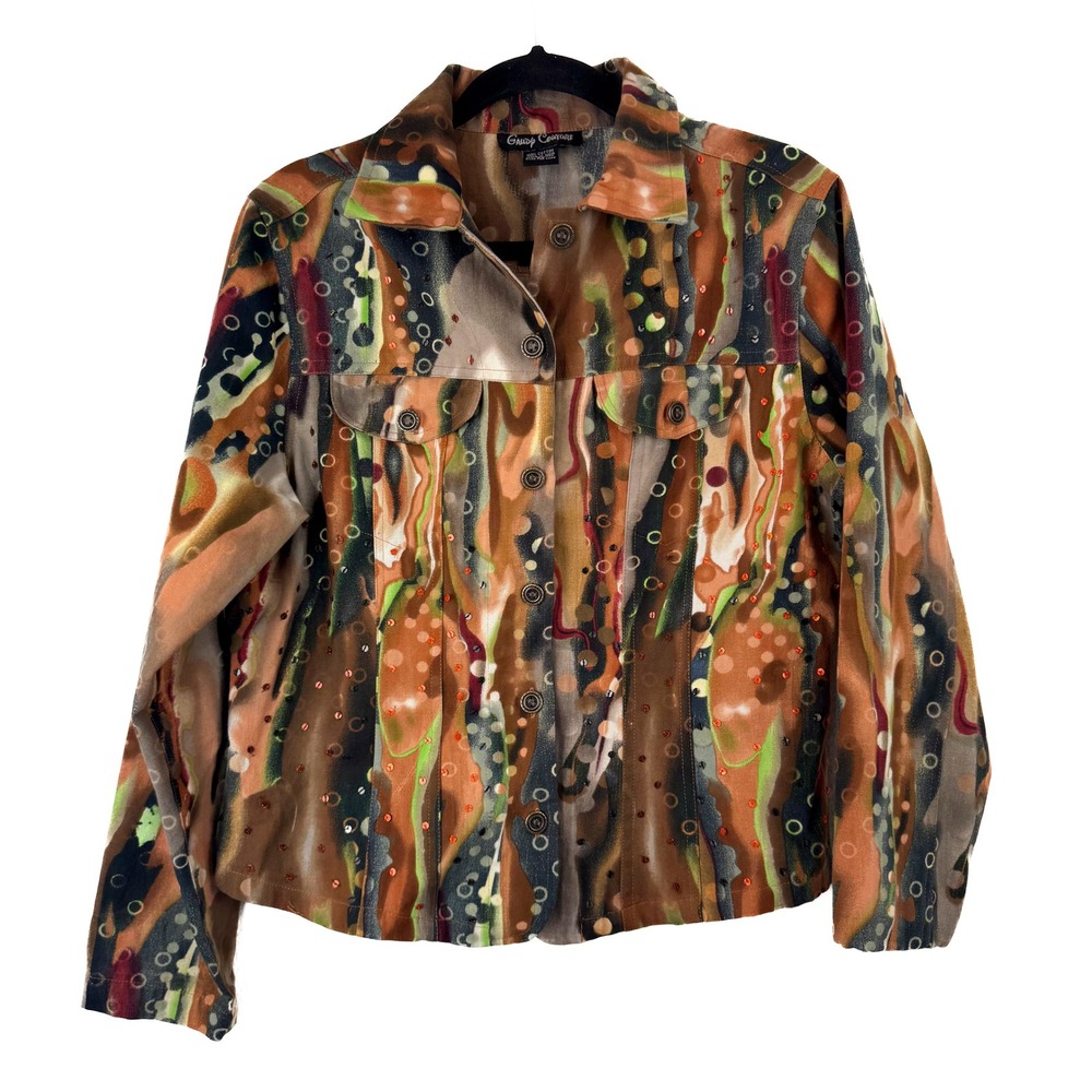 Gaudy Couture Womens M Abstract Print Sequin  Cotton Denim Jacket Brown